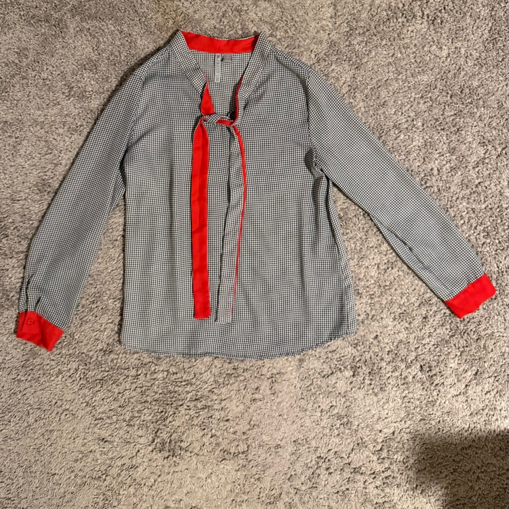 Elegant Houndstooth Blouse with Red Trim